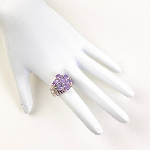 Ring Purple Flower Faceted Synthetic Amethyst Silver Tone Thai Fashion Vintage - Picture 7 of 14